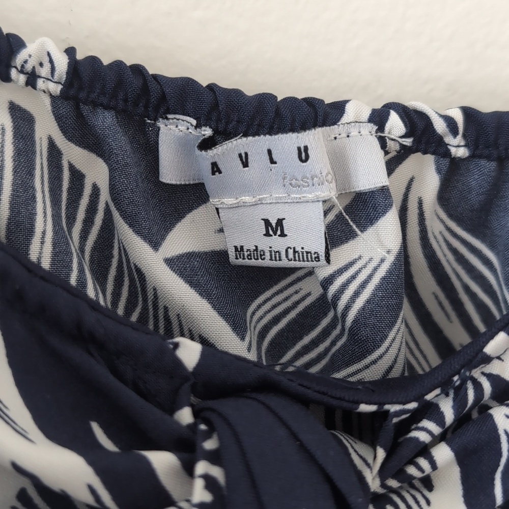 Favlux Cotton Navy White Tropical Leaf Print Cropped Mini Sun Dress Sz Medium - Picture 4 of 9